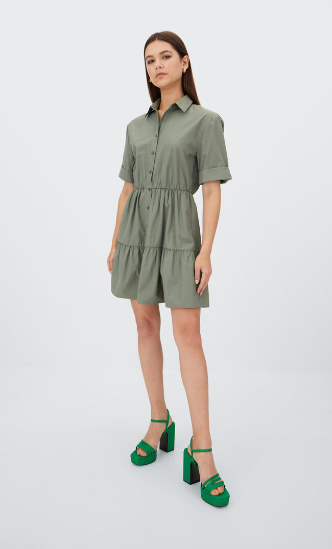 Stradivarius Krótka Sukienka Koszulowa Khaki S