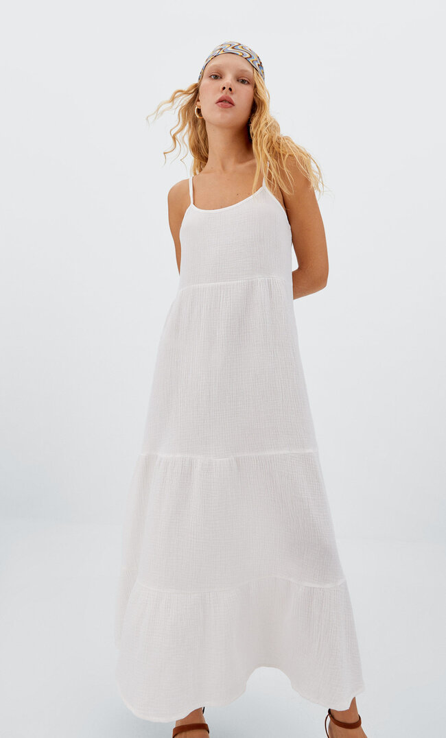 

Stradivarius Rustikales Midikleid Mit Trägern Ecru Xs