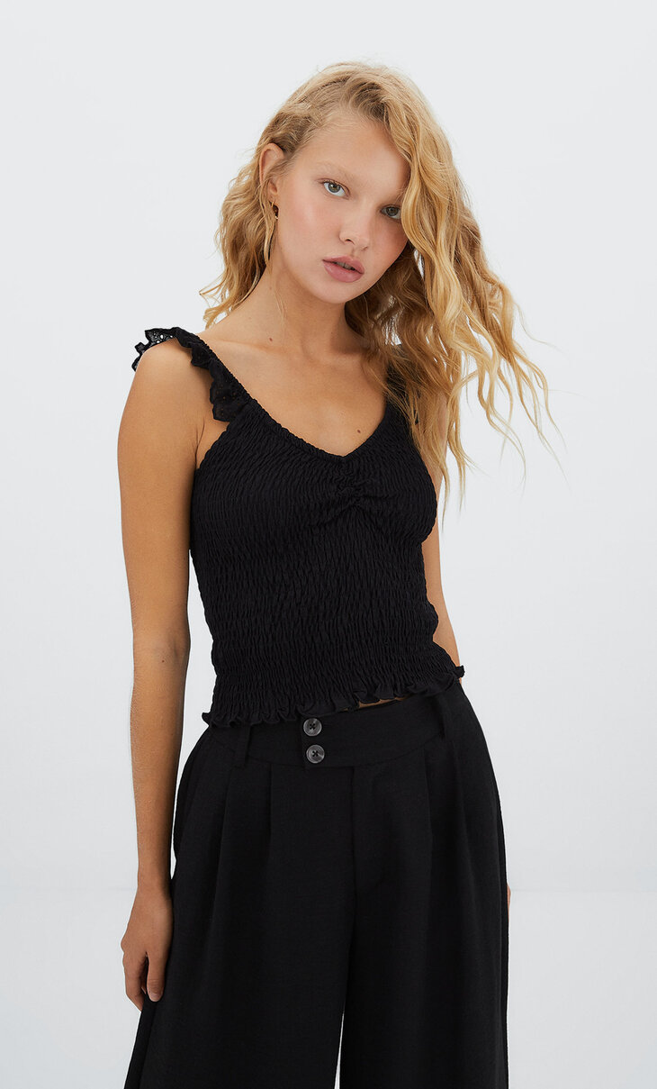 Shirred top with ruffled detail