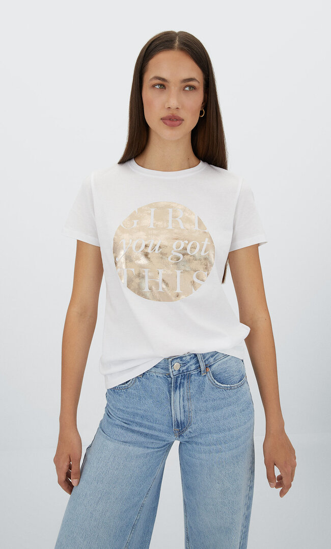 Stradivarius Shirt Mit Folienprint Weiß Xs