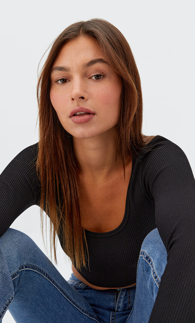 

Stradivarius Krótki Bezszwowy Top Czarny M