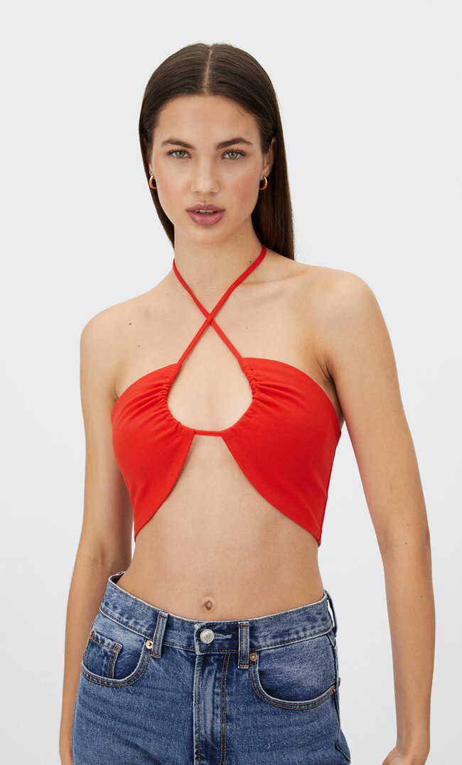 Stradivarius Top Ze Skrzyżowanymi Ramiączkami Czerwony M