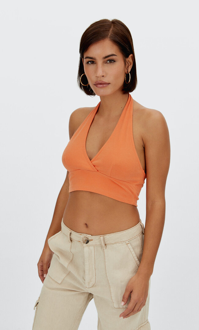 Stradivarius Top In Wickeloptik Orange M