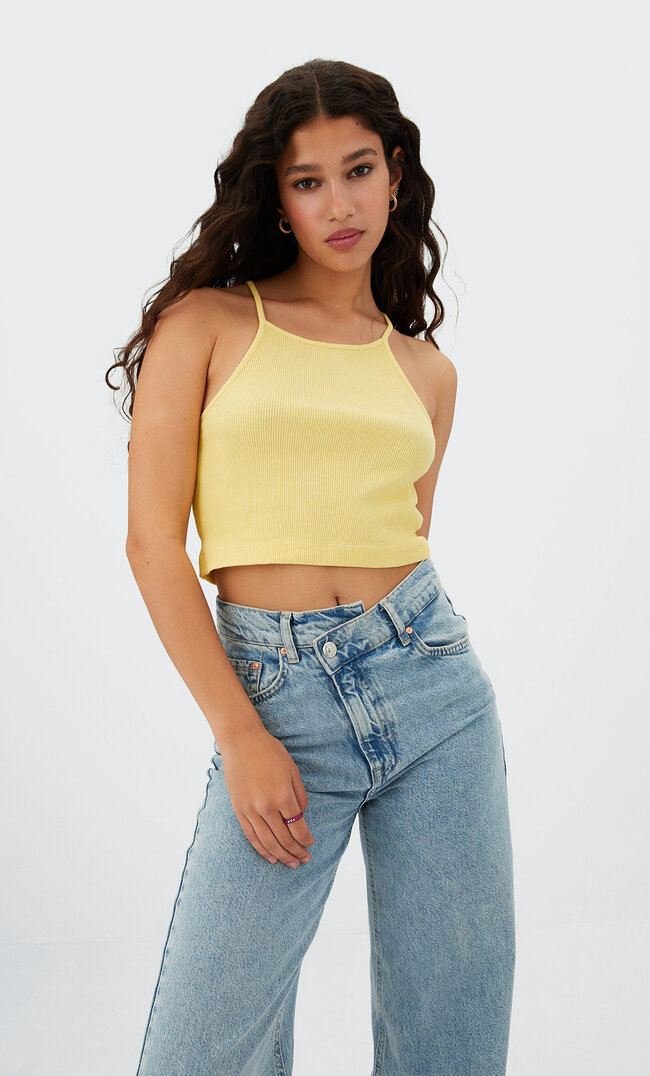 

Stradivarius Prążkowany Top Z Dekoltem Halter Żółty Pastelowy M