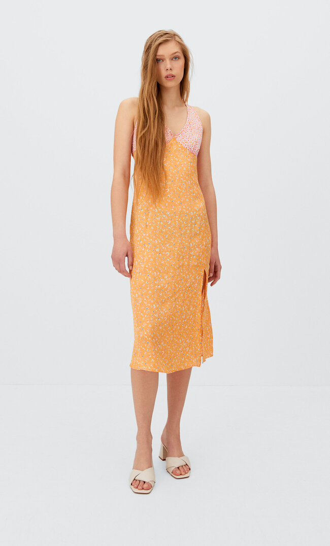 Stradivarius Langes Kleid Mit Blumenprint Orange S