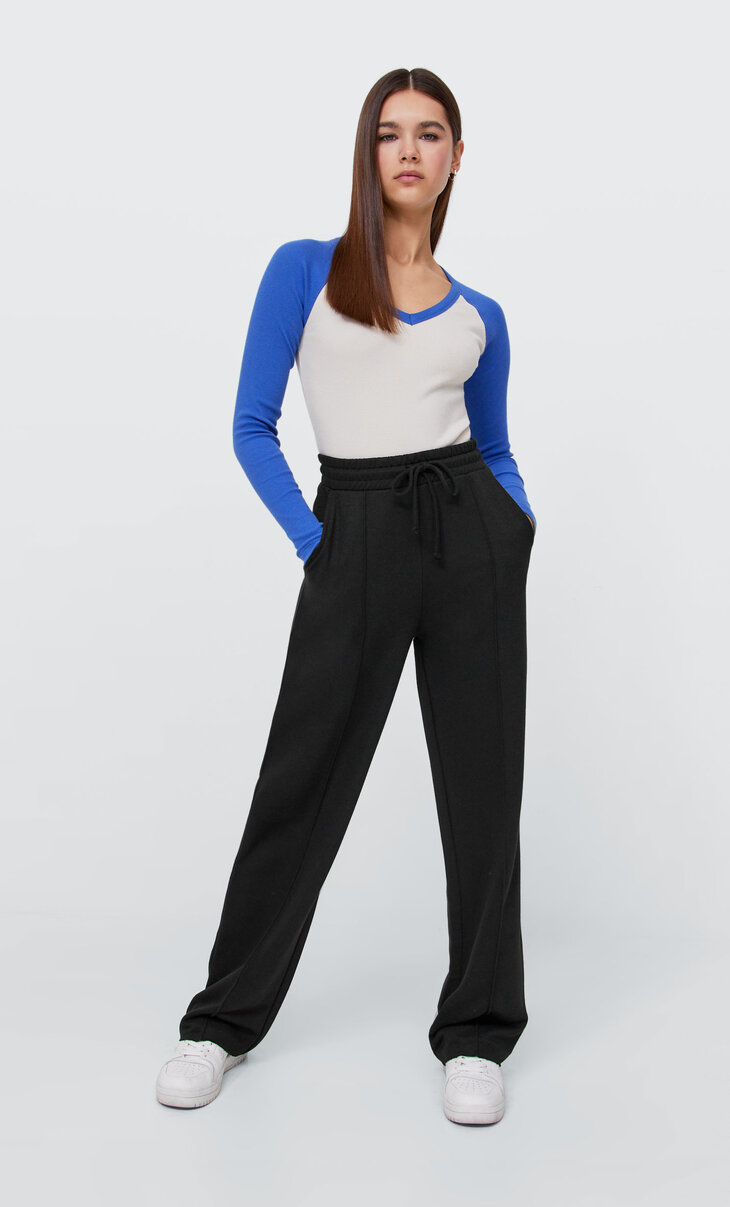 Plush straight fit trousers with seams
