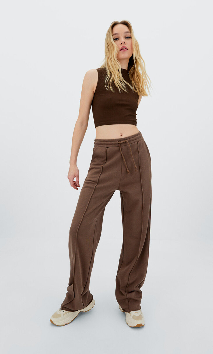 Plush straight fit trousers with seams