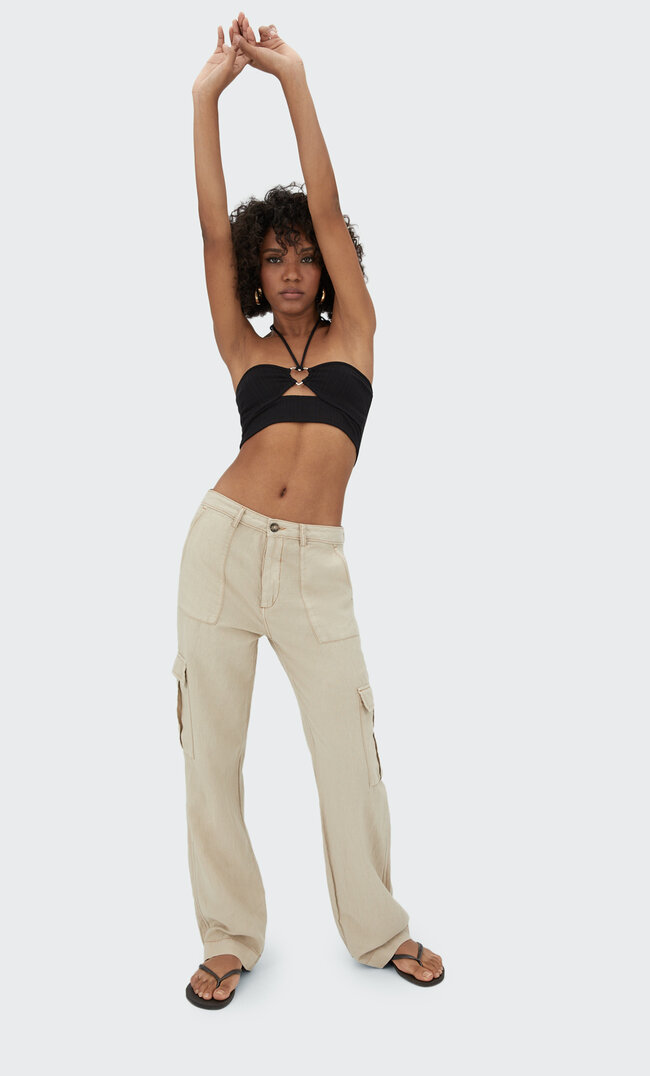 

Stradivarius Lniane Spodnie Cargo Szary 34