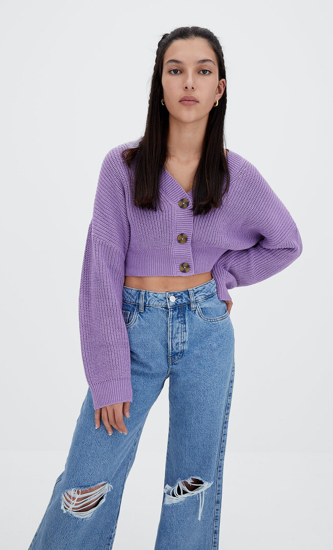 Stradivarius Basic-Cardigan Im Cropped-Stil Malvenfarben S