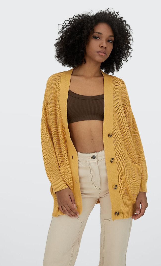 Stradivarius Długi Kardigan Basic Ochra M