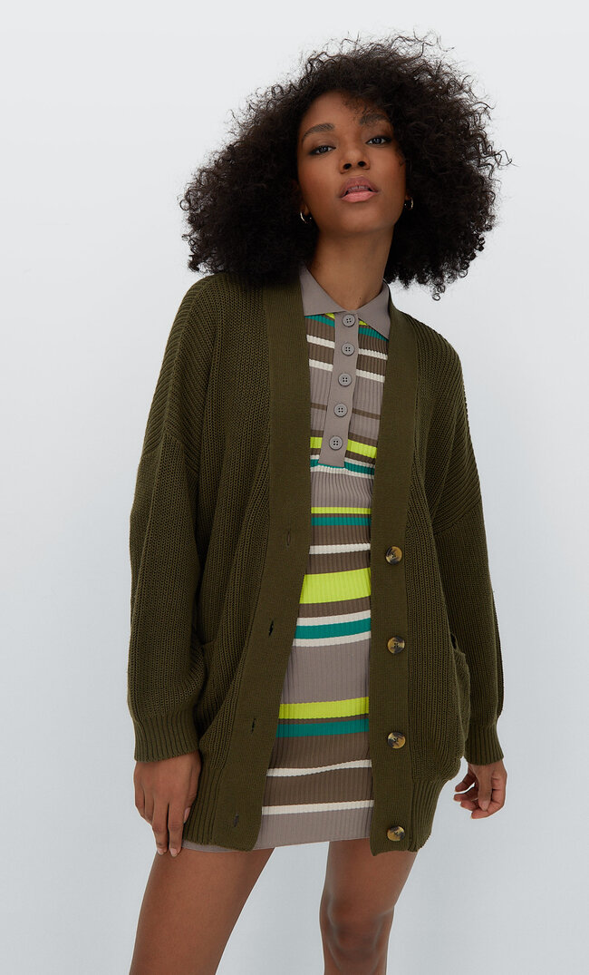Stradivarius Długi Kardigan Basic Khaki Xl