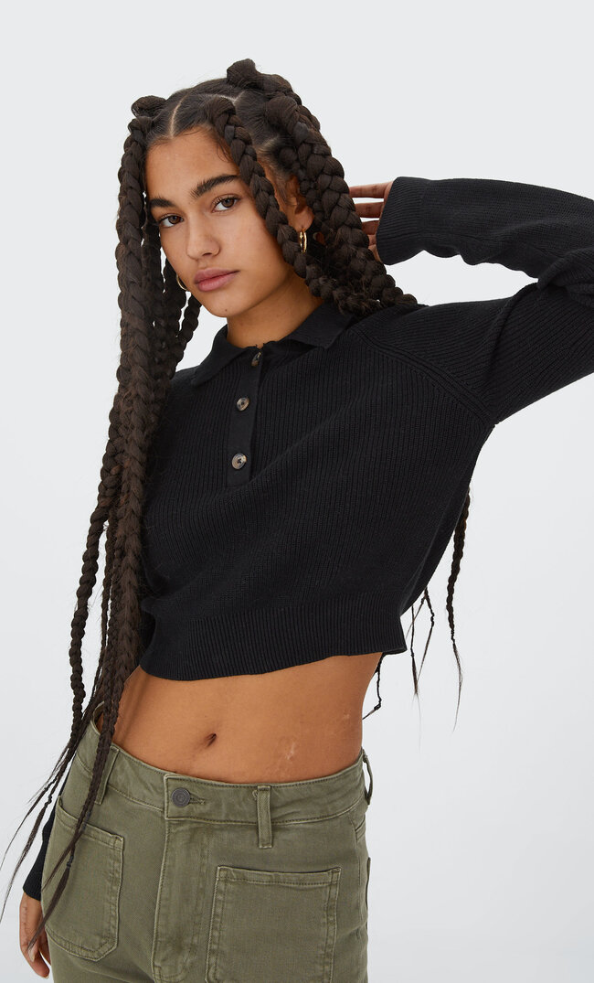 

Stradivarius Strickpullover Mit Polo-Kragen Schwarz L