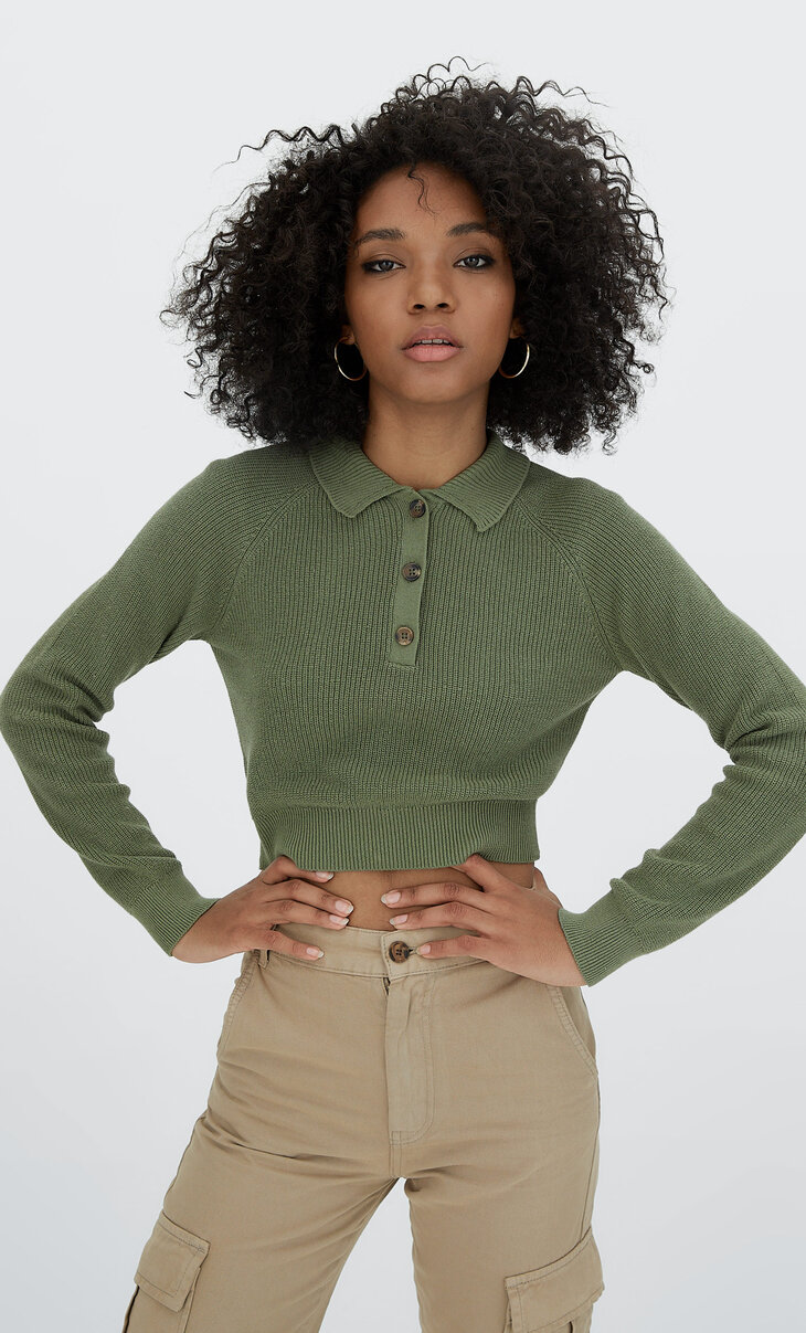 Knit polo collar sweater