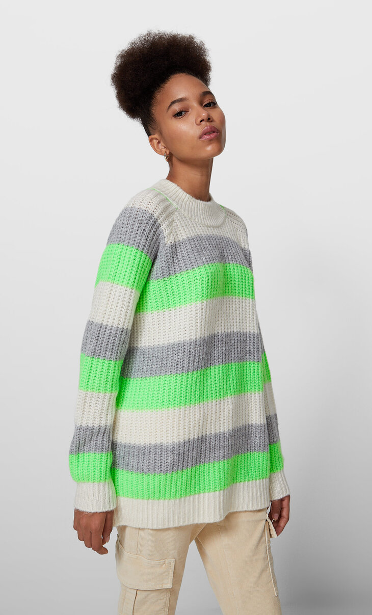 Sweater oversize com riscas em flúor