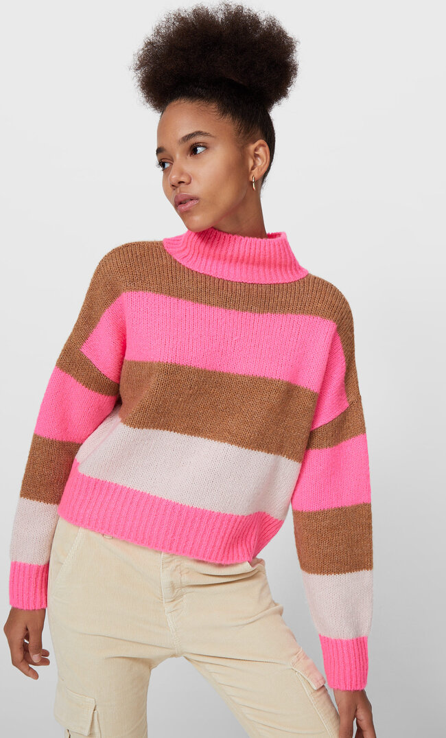 

Stradivarius Pullover Mit Geripptem Stehkragen Und Streifen In Neonfarben Fuchsia L