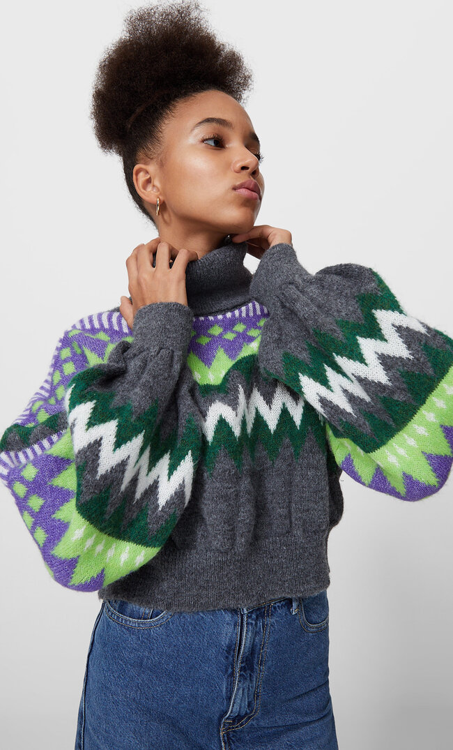 

Stradivarius Neonfarbener Jacquardpullover Dunkelgrau Xs