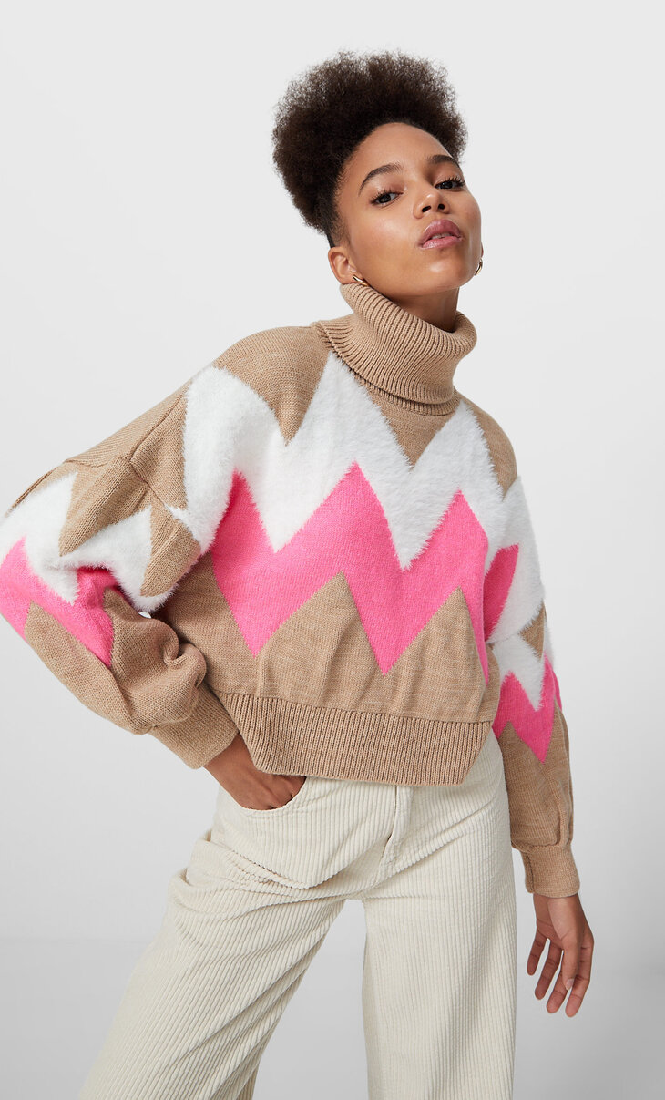 Пуловер с неонова жакардова ивица