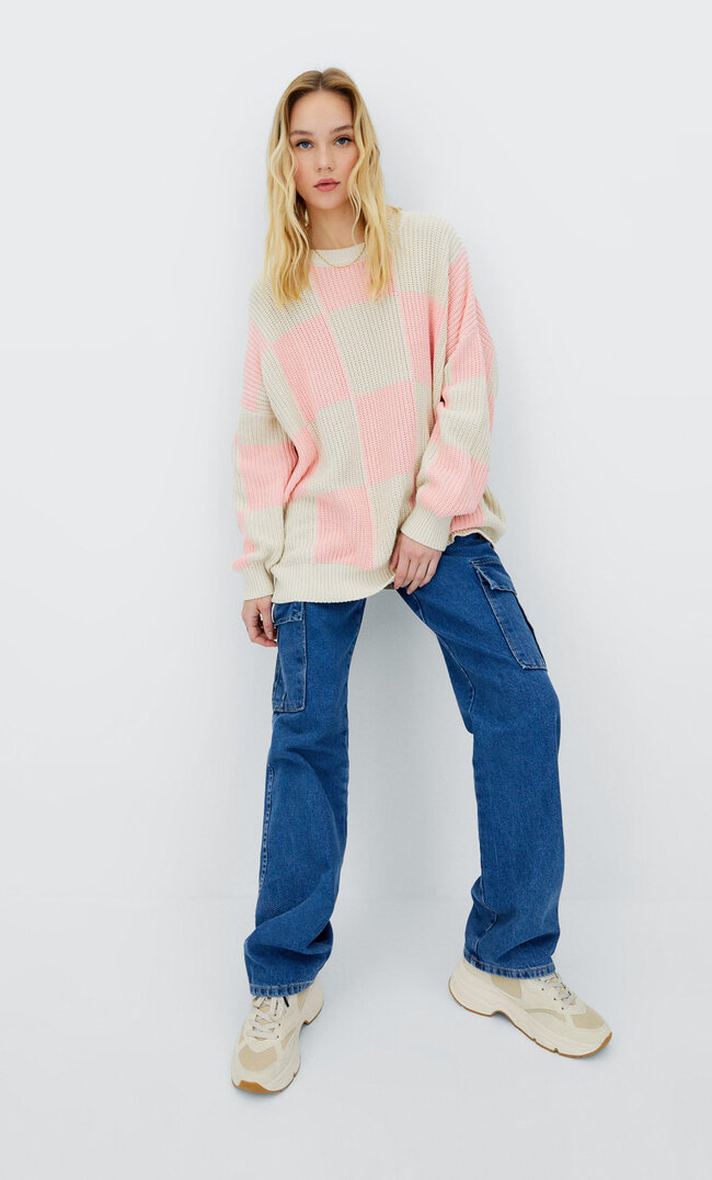 

Stradivarius Sweter W Szachownicę Pastelowy Róż Xs