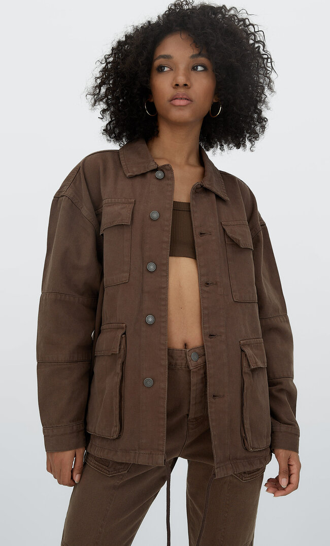 Stradivarius Hemdjacke Aus Twill Mit Taschen Braun S