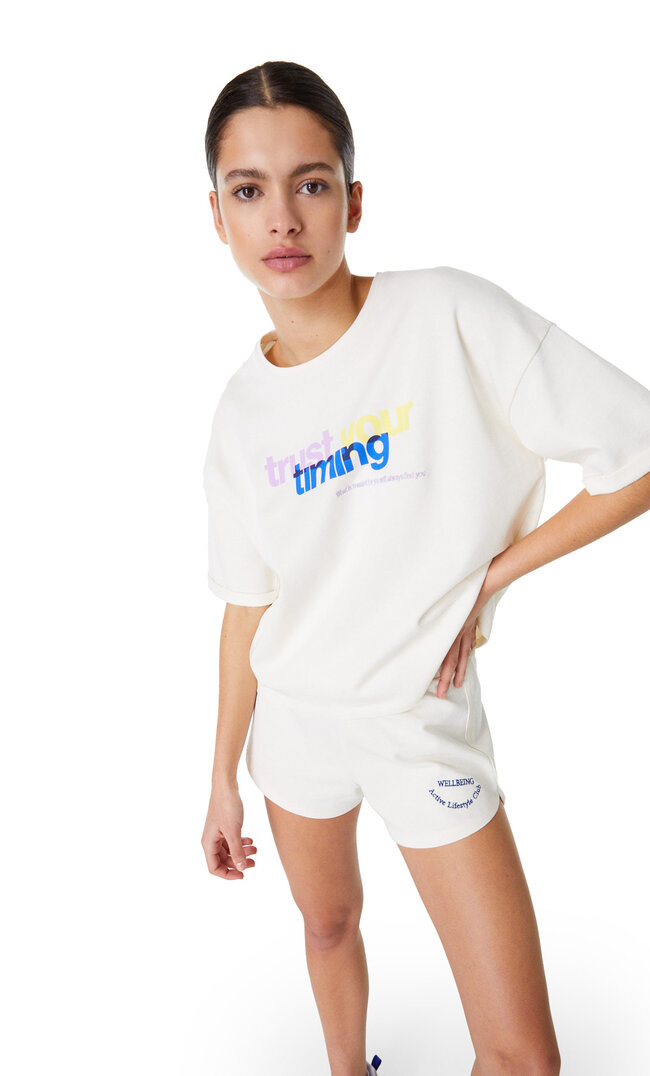 Stradivarius T-Shirt Aus Sweatstoff Ecru M
