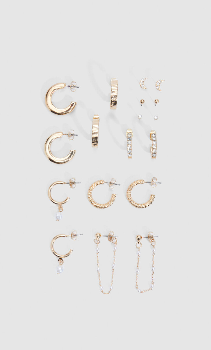 Set of 9 pairs of earrings with rhinestones, moons and hoops