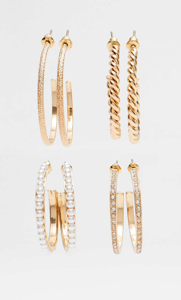 Set of 4 pairs of faux pearl medium hoop earrings