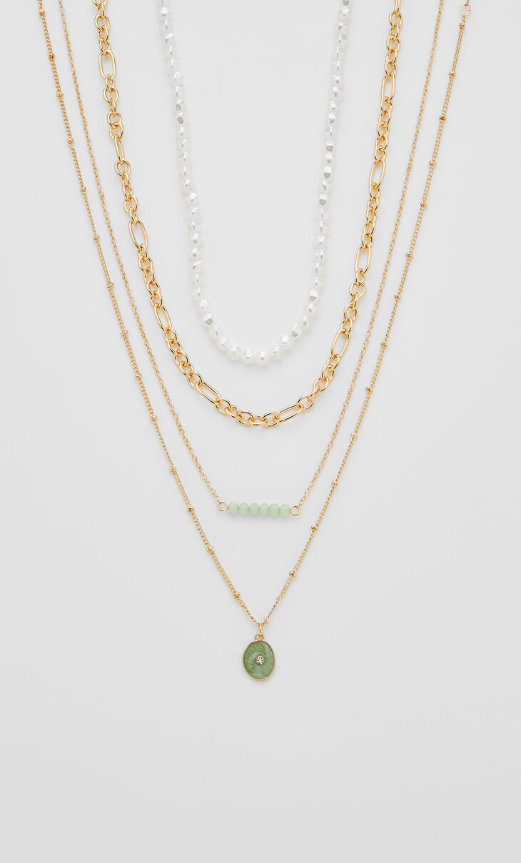 Súprava 4 náhrdelníkov s kameňmi a s falošnými perlami
