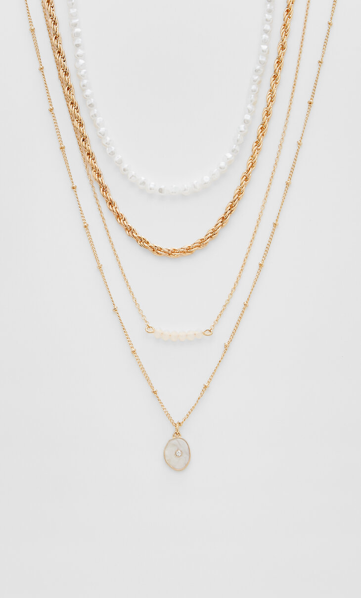 Súprava 4 náhrdelníkov s kameňmi a s falošnými perlami