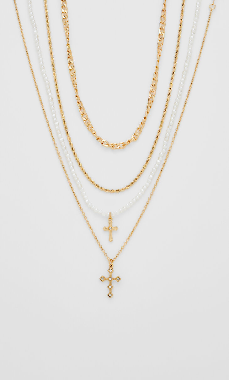 Súprava 4 náhrdelníkov s krížikom a falošnými perlami