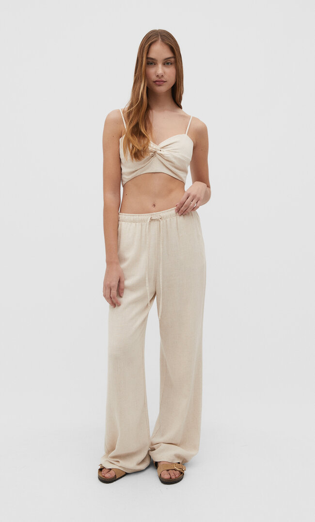 

Stradivarius Lange, fließende Hose Stil mit Leinenanteil Steingrau S