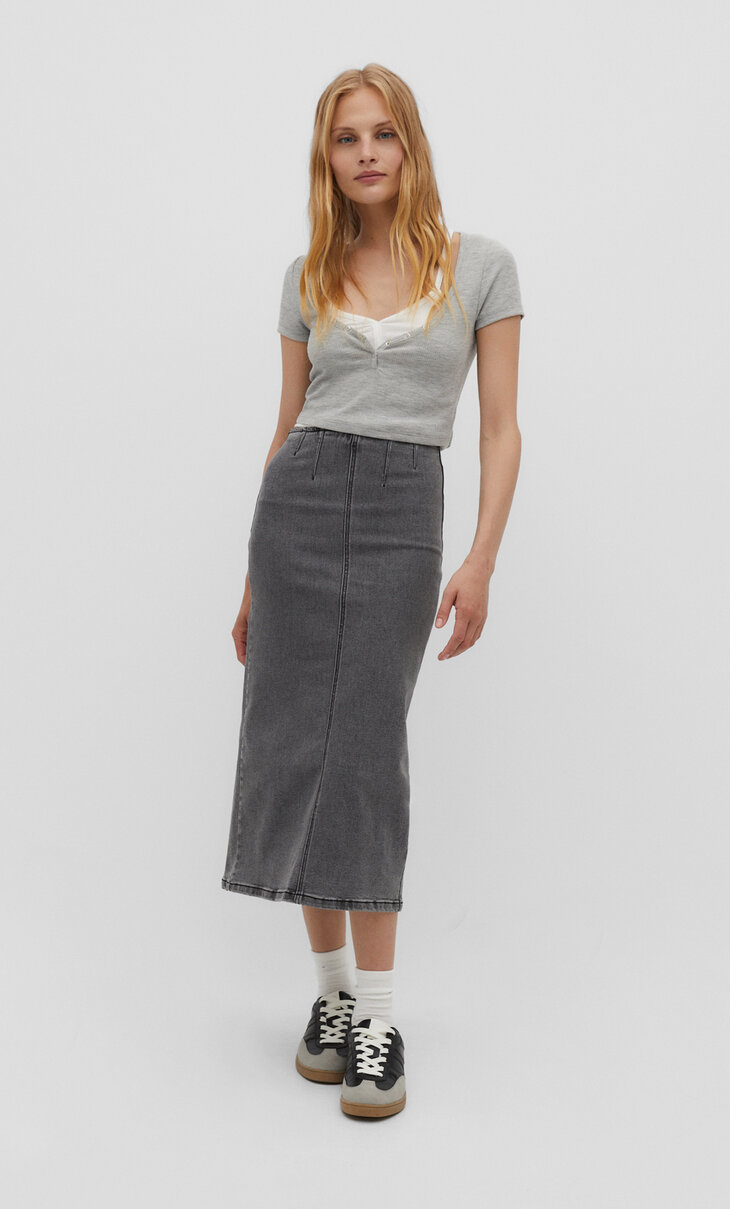 Stretch denim midi skirt with seam detail
