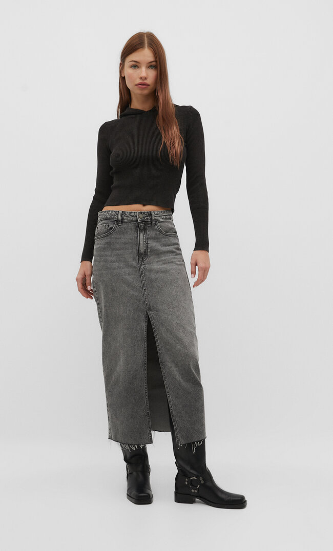 

Stradivarius Długa spódnica jeansowa comfort Szary perłowy 32