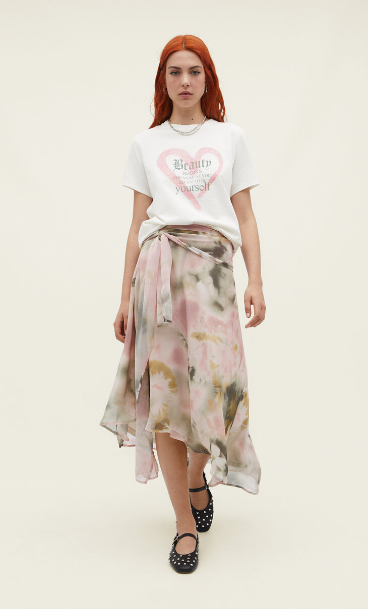 Midi skirt with georgette print and asymmetric hem