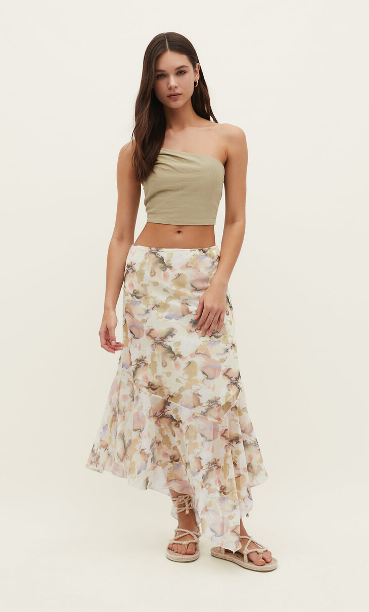 Printed asymmetric midi skirt