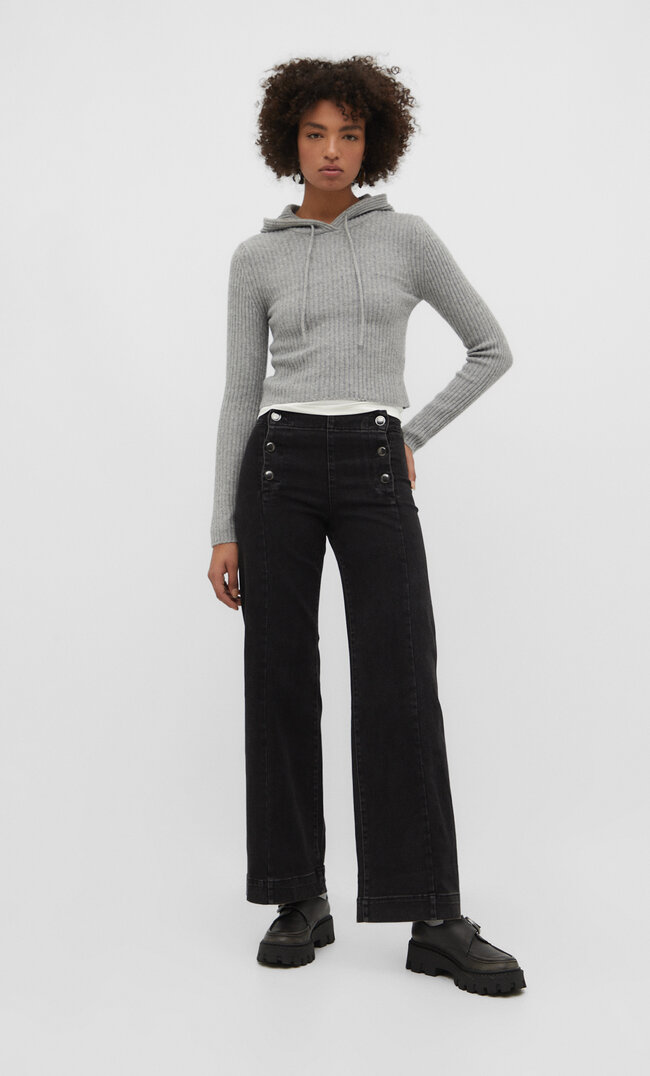 

Stradivarius Minimalistische Hose full length mit Knöpfen schwarzer Denim 36