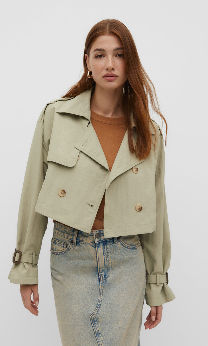 Short oversize trench coat with creased effect