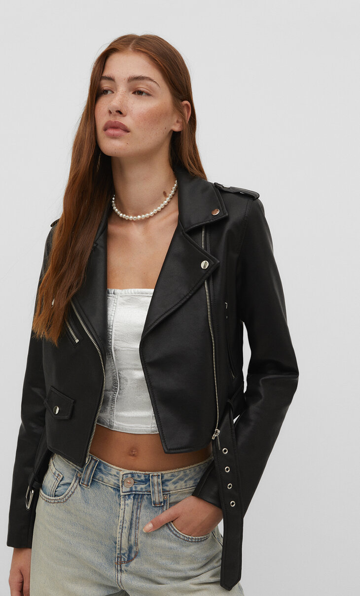 Faux leather biker jacket with belt - Women's fashion | Stradivarius United Kingdom