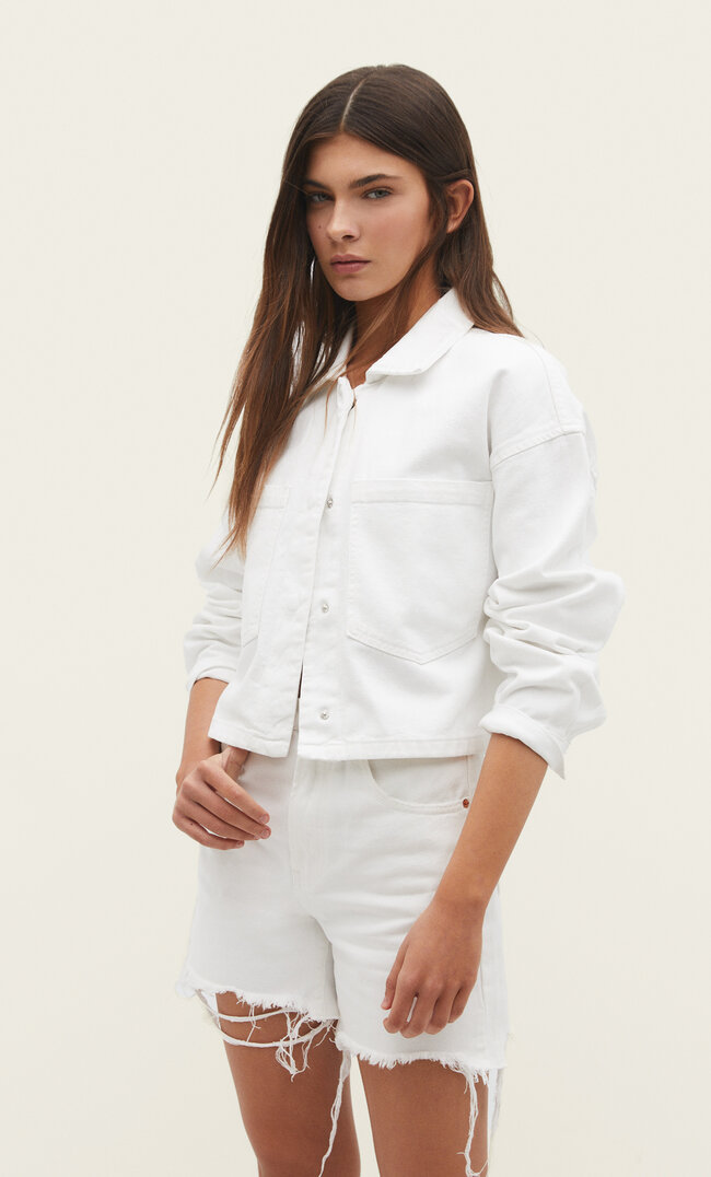 

Stradivarius Cropped-Hemdjacke aus Twill Weiß M