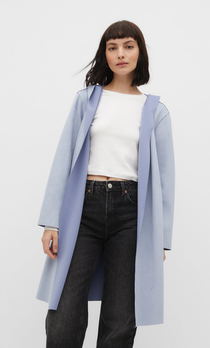 Cropped faux suede trench coat