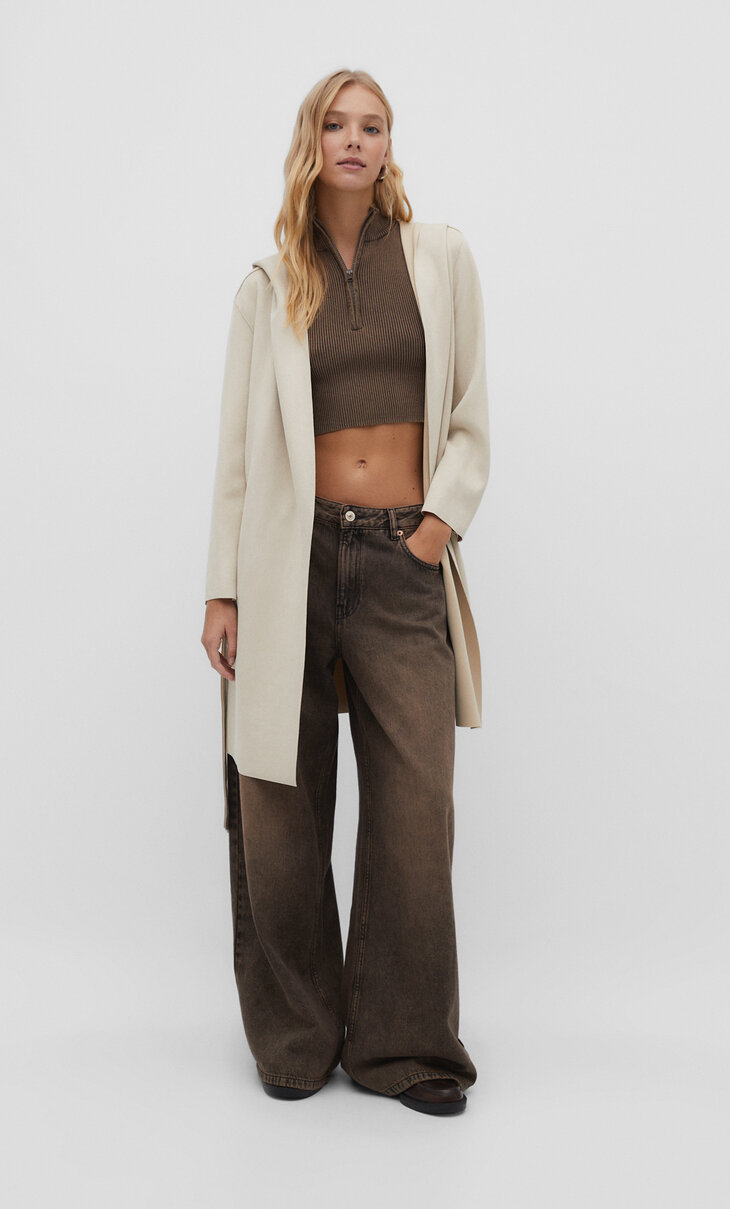 Cropped faux suede trench coat