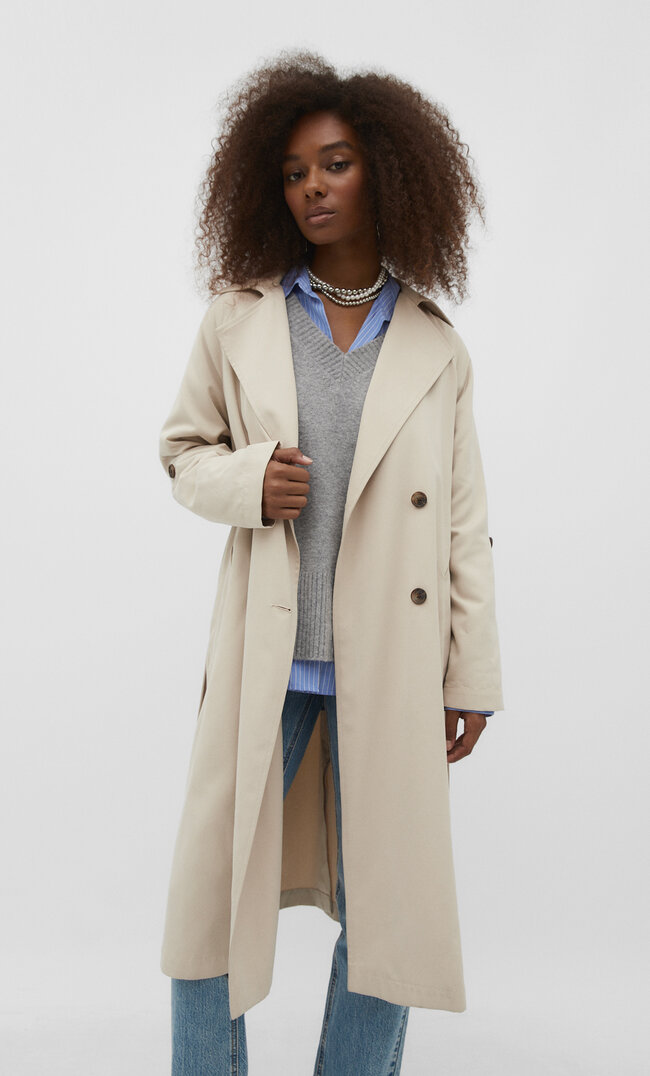 

Stradivarius Langer, fließender Trenchcoat Steingrau XS