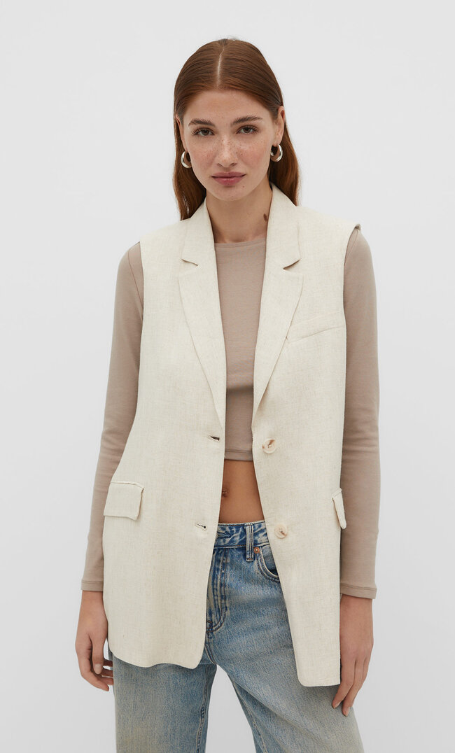 

Stradivarius Mittellange Weste mit Leinenanteil Steingrau XL