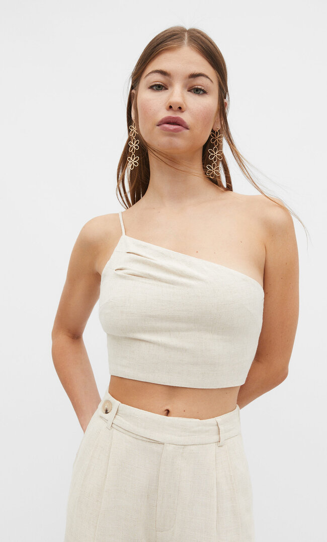 

Stradivarius Asymmetrisches Top mit Leinenanteil Steingrau XS