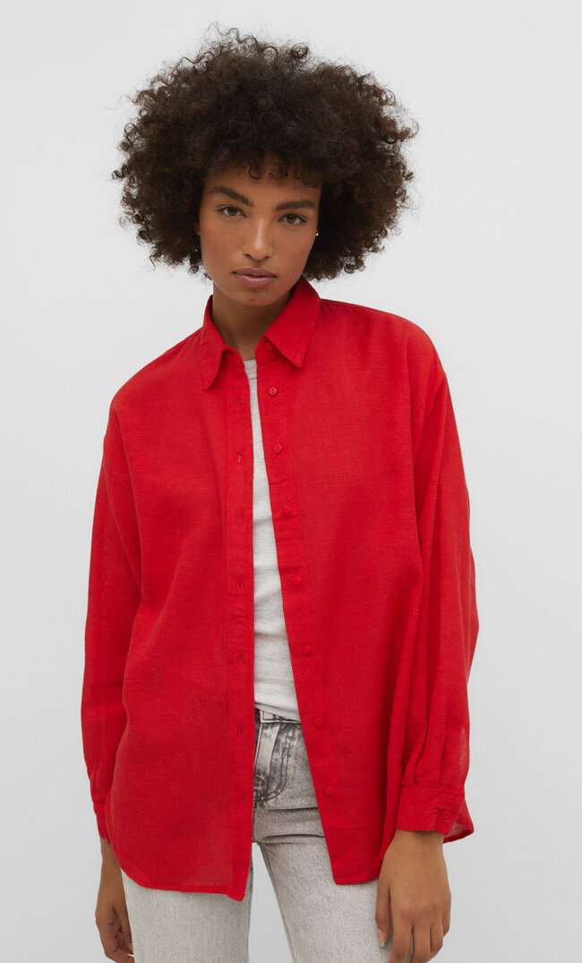 

Stradivarius Hemd mit Leinenanteil Rot XL