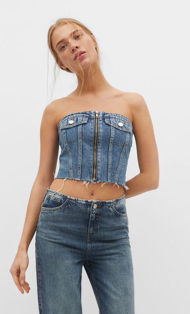 

Stradivarius Jeansowy top typu gorset Niebieski denim XL