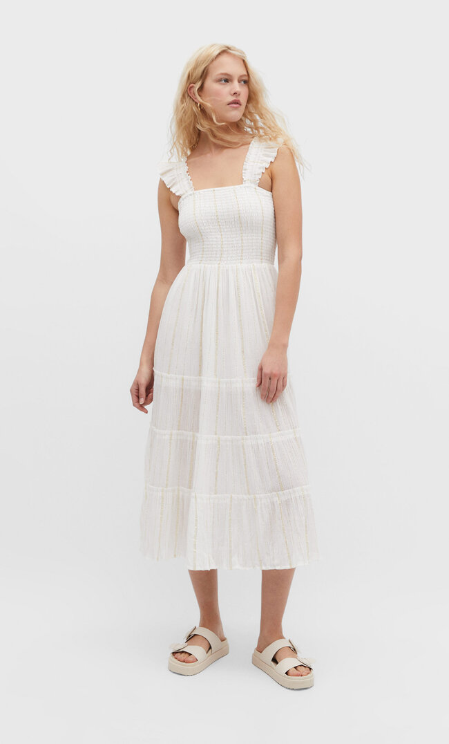 

Stradivarius Midikleid mit Gummizügen und Glitzer Weiß XL