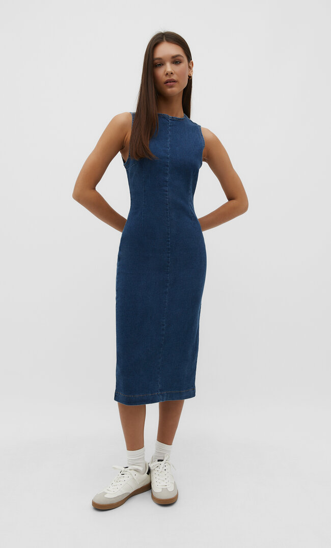 

Stradivarius Jeans-Midikleid im Slim-Fit Perlgrau XS
