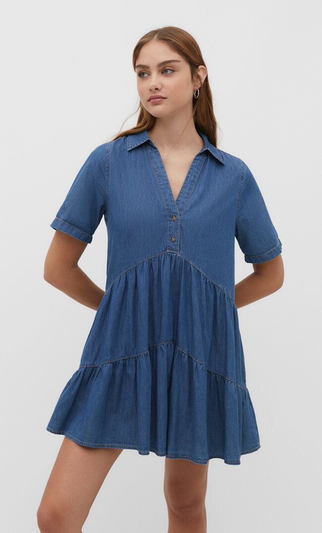 

Stradivarius Kurzes, fließendes Hemdkleid Medium light blue Denim XS