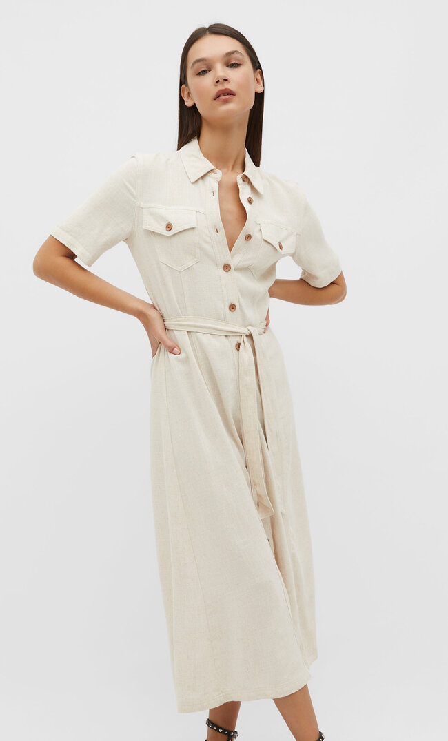 Stradivarius Midi-Hemdkleid mit Leinenanteil Steingrau XL