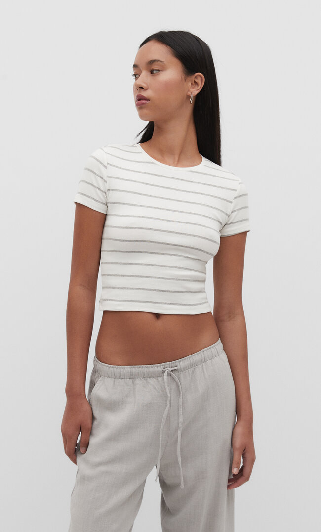 

Stradivarius Gestreiftes Cropped-Shirt Grau Melange M